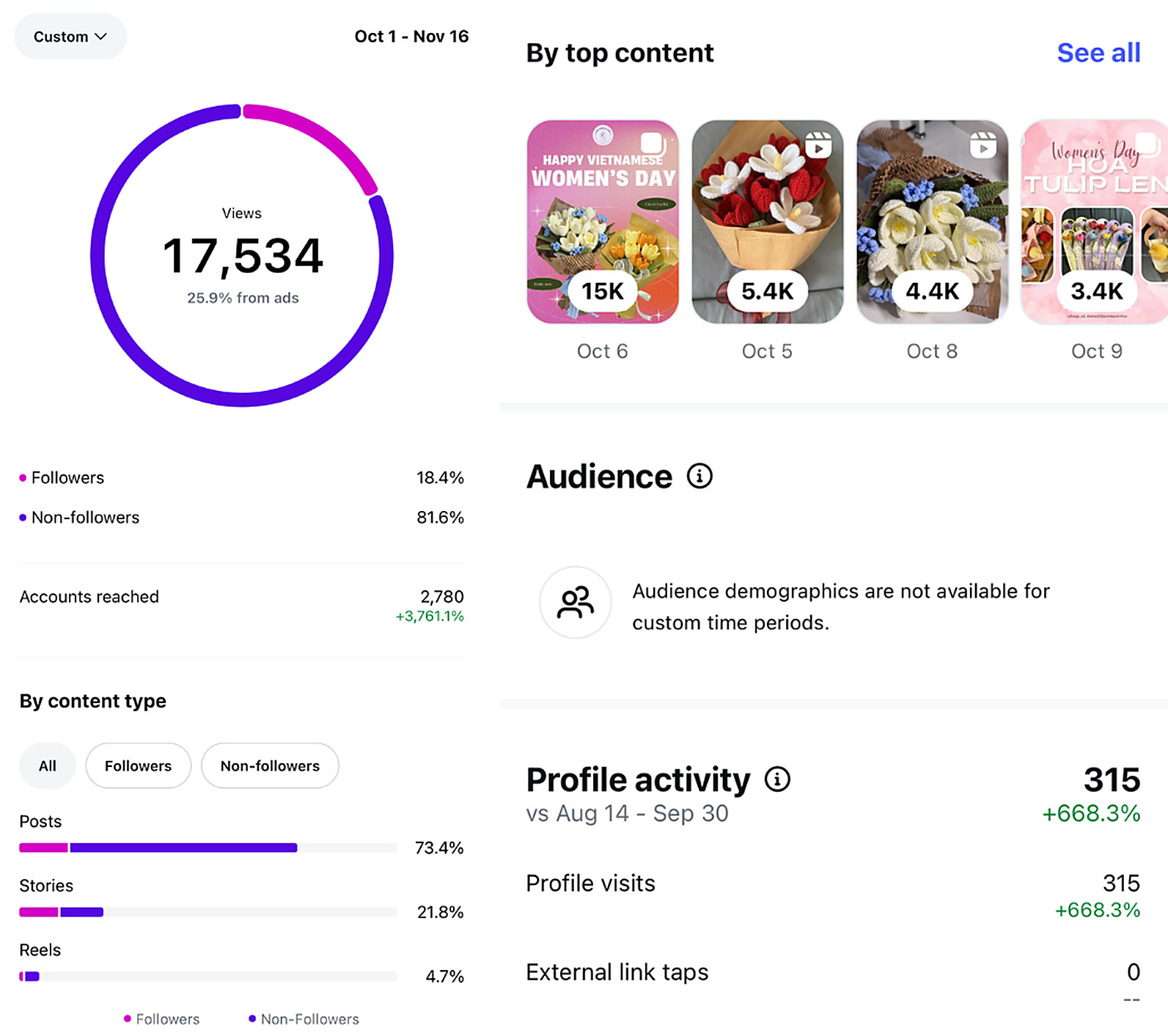 Instagram insights showing 17,534 views